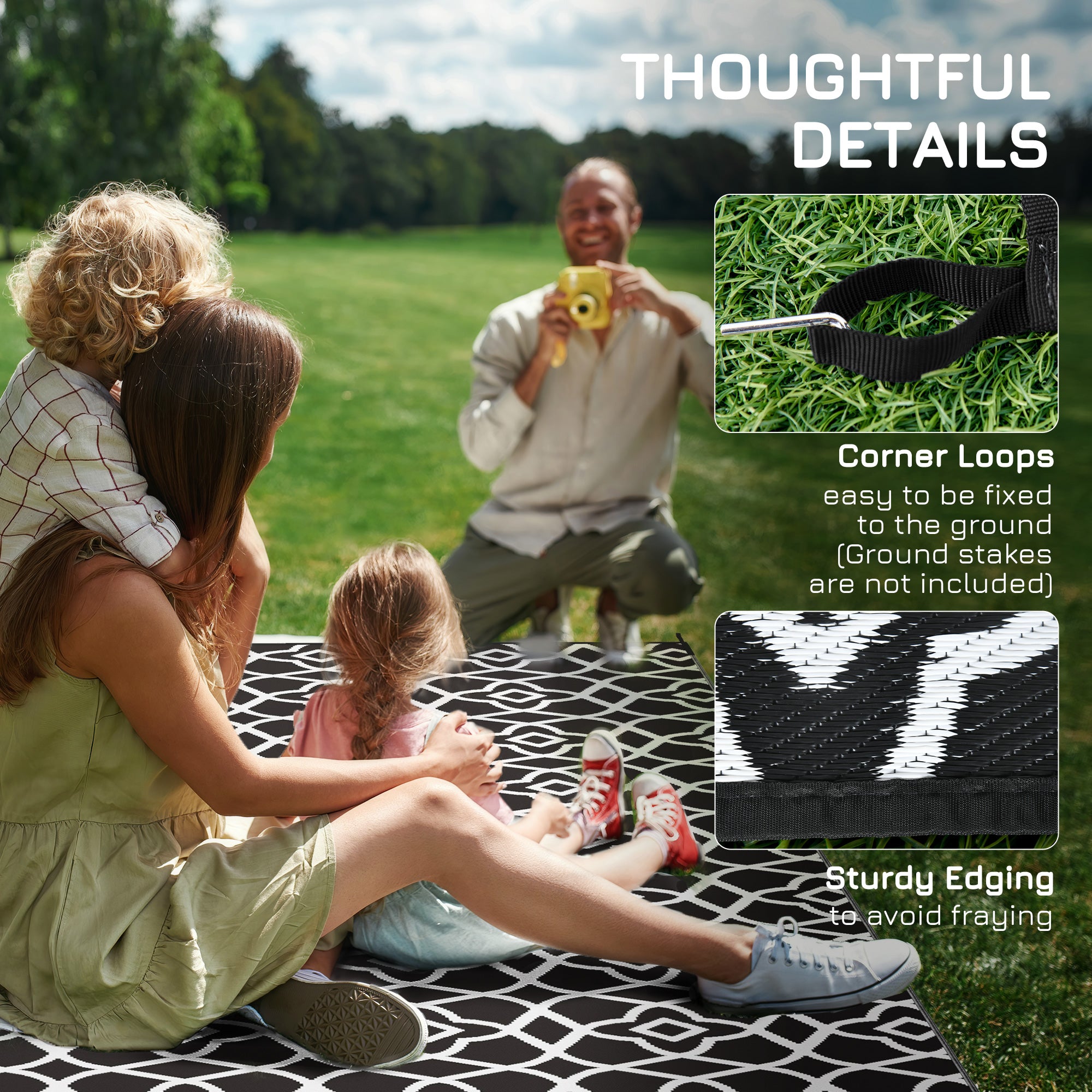 Reversible Outdoor Rug Carpet RV Camping Rugs with Carry Bag, 9' x 12', Black & White Clover