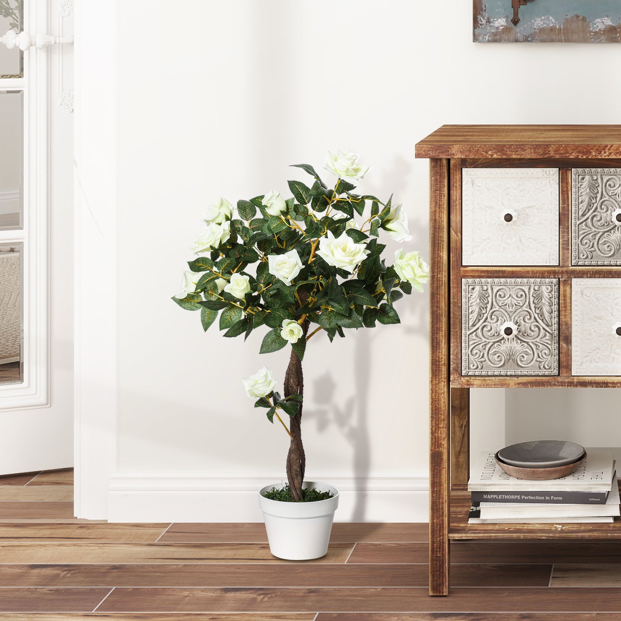 Artificial Plants White Rose Floral In Pot, Fake Plants For Home Indoor Decor, 90cm