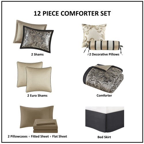 12 Piece Comforter Set With Cotton Bed Sheets Black Full