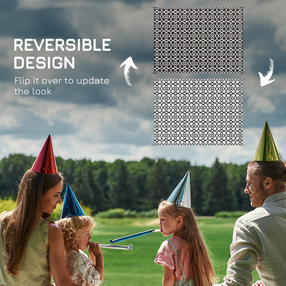 Reversible Outdoor Rug Carpet RV Camping Rugs with Carry Bag, 9' x 12', Black & White Clover