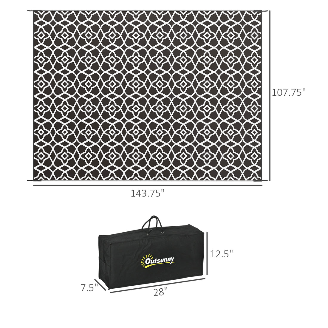 Reversible Outdoor Rug Carpet RV Camping Rugs With Carry Bag, 9' X 12', Black & White Clover