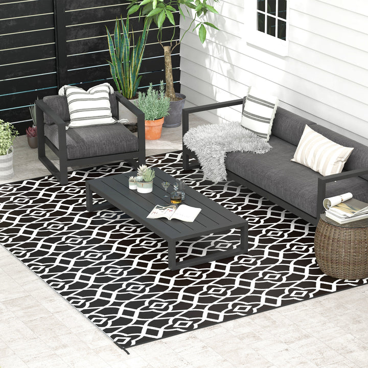 Reversible Outdoor Rug Carpet RV Camping Rugs With Carry Bag, 9' X 12', Black & White Clover